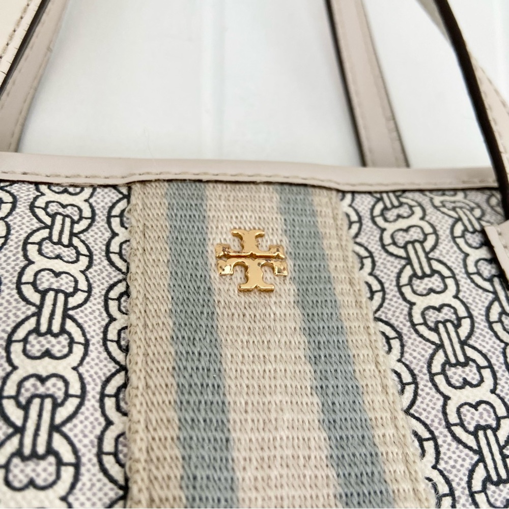 Tory Burch Gemini Link Tote Coated Canvas Double Strap Tote Designer Cream Blue - Picture 5 of 13